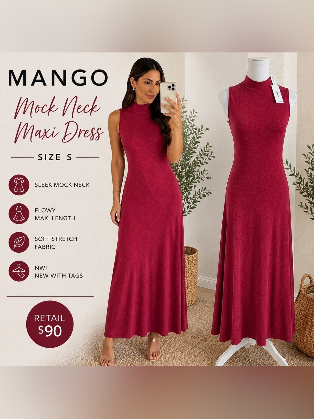 Mango NWT Burgundy Mock Neck Sleeveless Maxi Dress Minimalist Stretch Knit SizeS